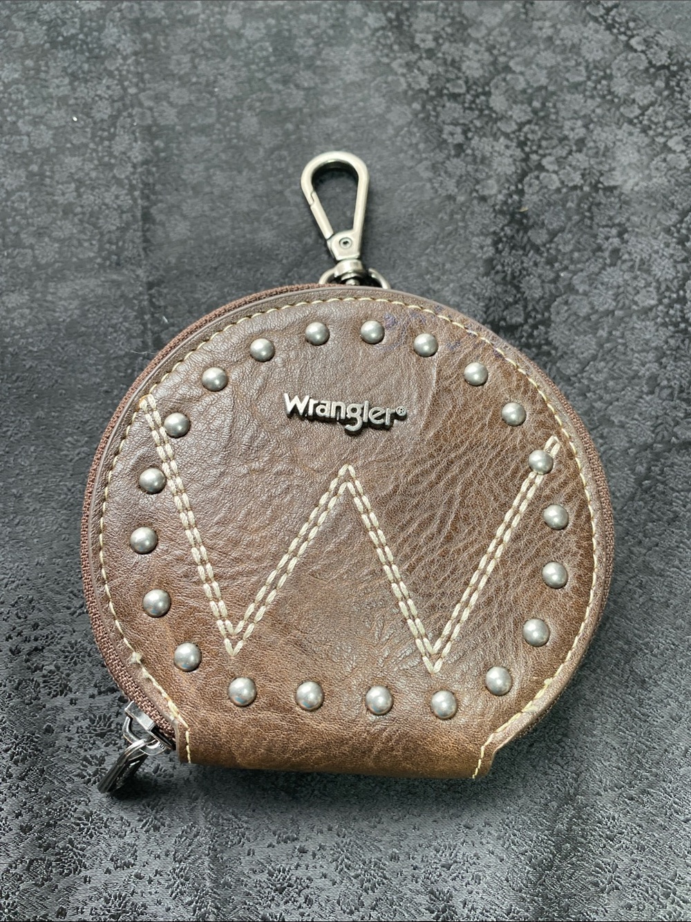 Wrangler Brown Round Leather Coin Pouch with Stud Accents & Charm 4" X 1"